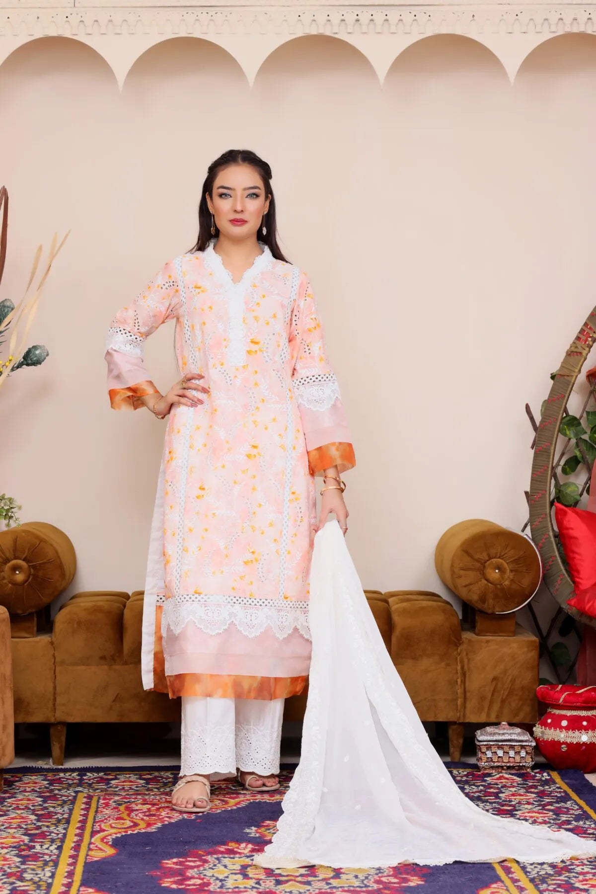 Soft orange printed embroidered dress