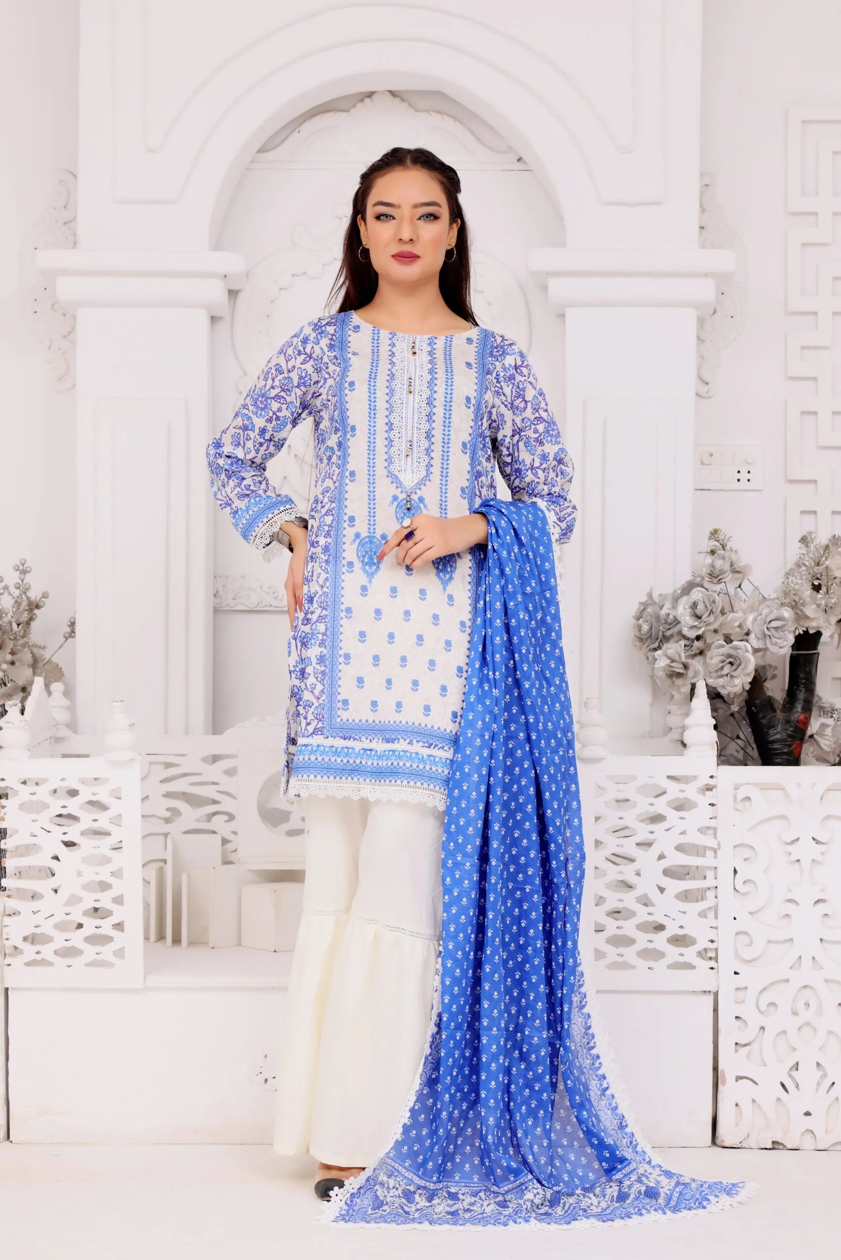 Blue lawn 3-piece sharara