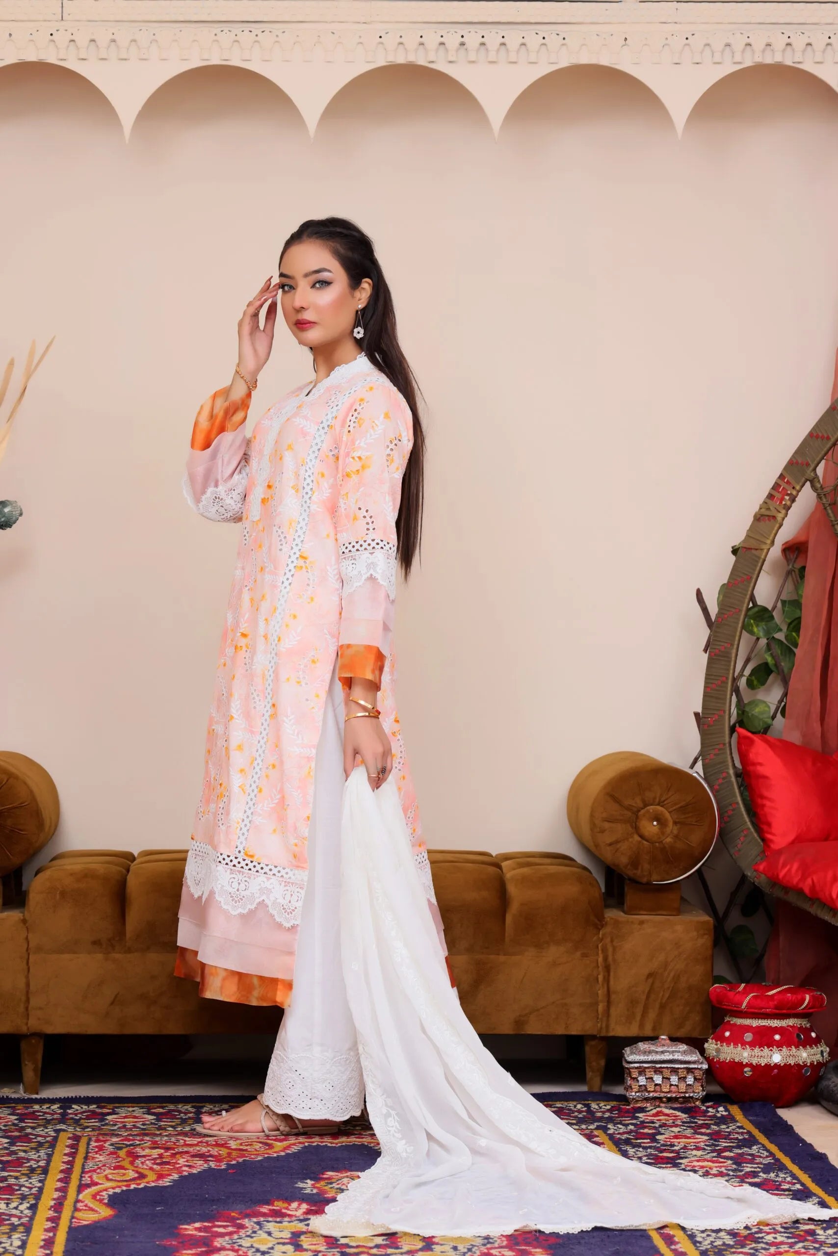 Soft orange printed embroidered dress