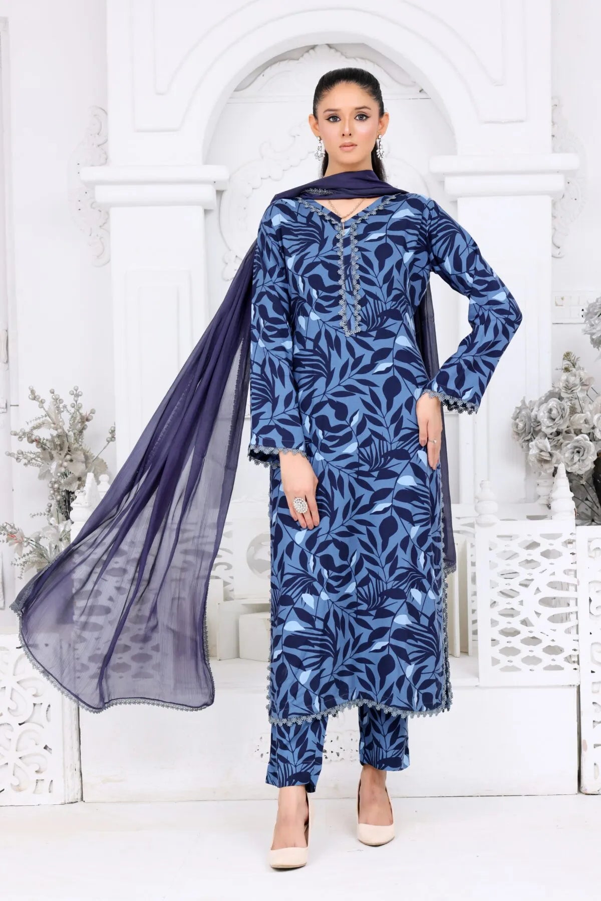 Shabnam Dress – Boski Linen Outfit with Long Shirt & Silk Dupatta