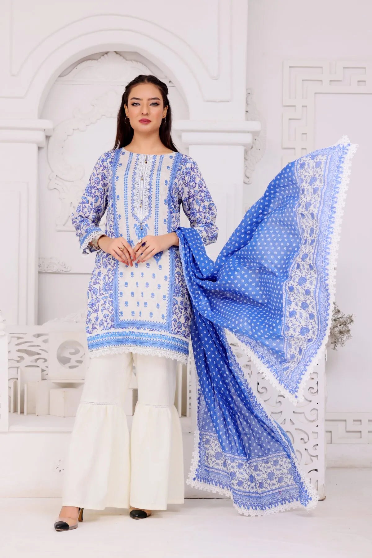 Blue lawn 3-piece sharara