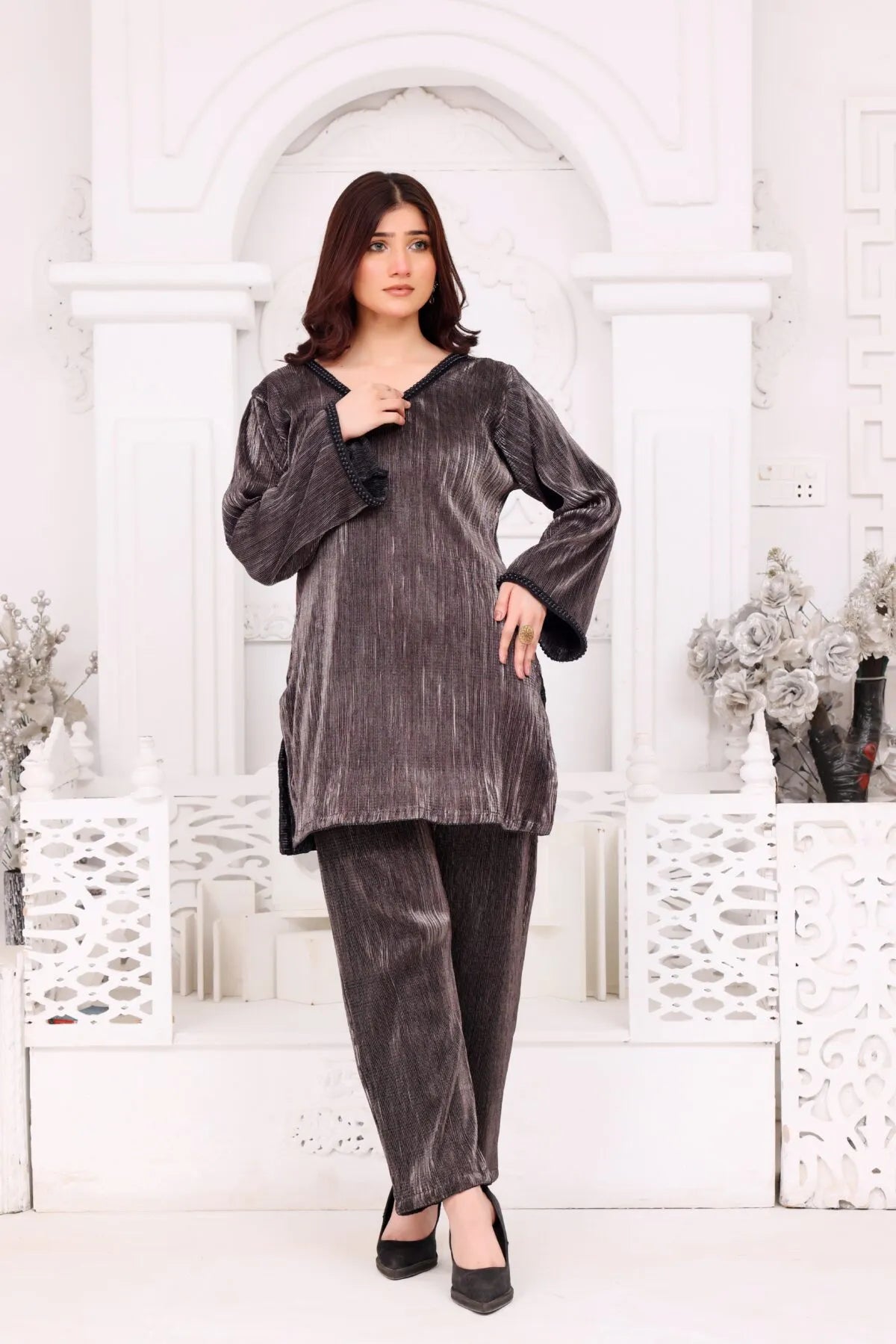 Pleated Co-Ord – Black & Rose Gold Suit
